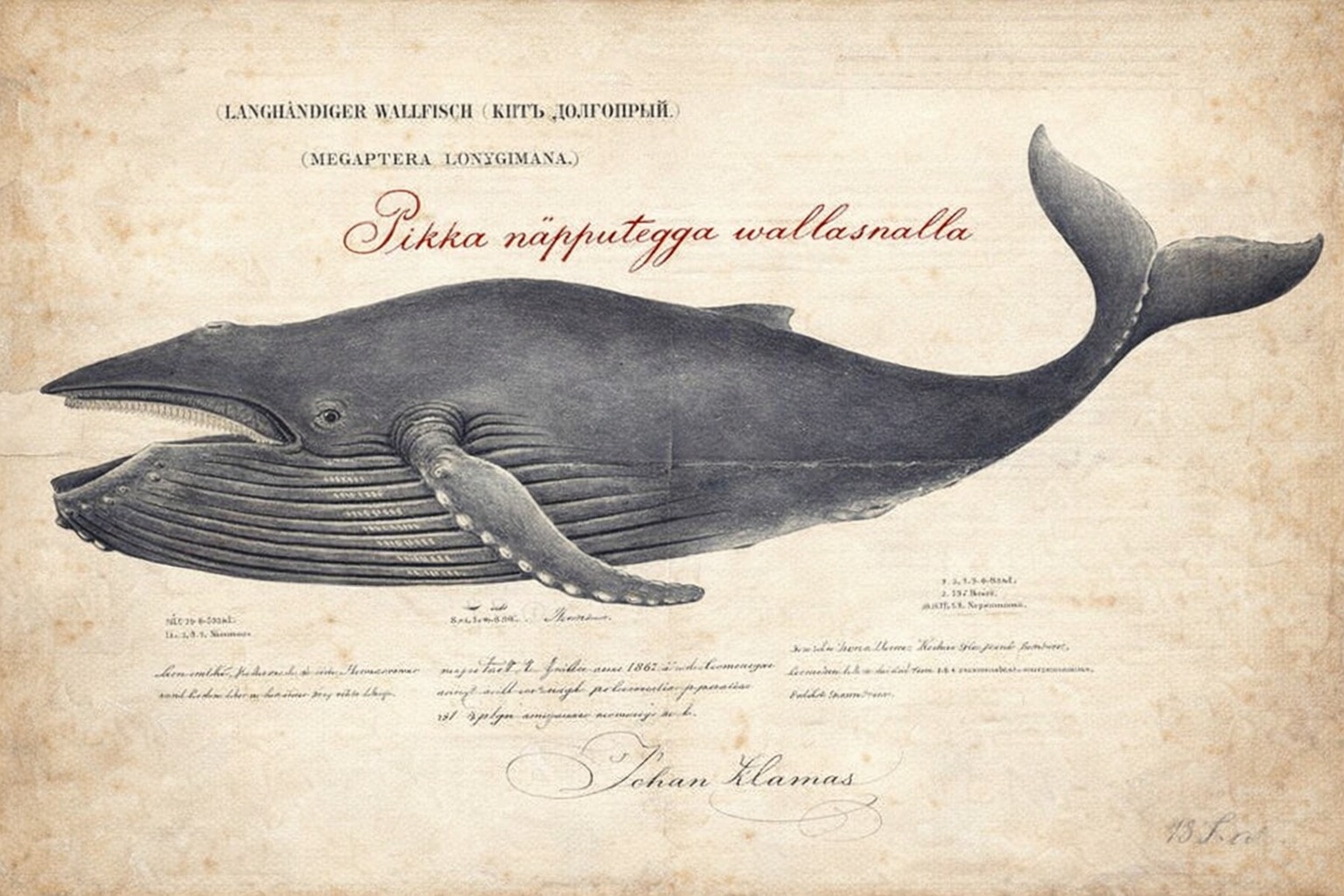 Litografia da baleia-jubarte encalhada em Rammu, 1851 — Lorenz Heinrich Petersen